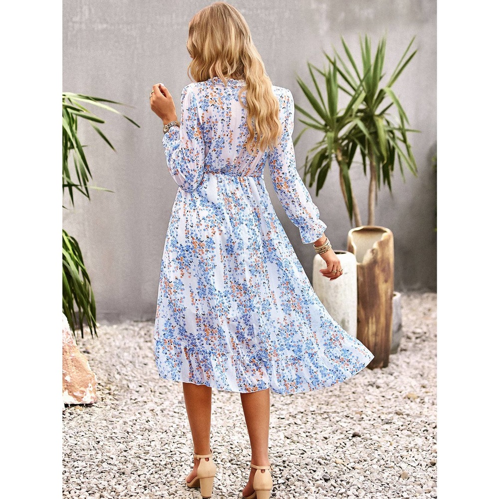 Long sleeve Floral print Frill Trim Flounce Sleeve Ruffle Hem midi Dress blue - Picture 2 of 5